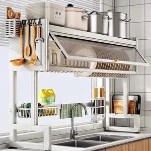 Over The Sink Dish Drying Rack Large Dish Rack Metal Kitchen w/ Lid Storage Rack