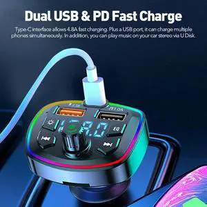 Bluetooth 5.0 Car Wireless FM Transmitter Adapter 2USB PD Charger MP3 Hands-Free