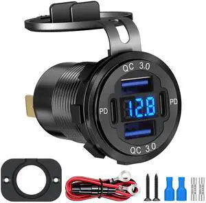 12-24V 4 Port Fast Car Charger QC3.0 & PD USB C Outlet Socket for Boat RV Marine