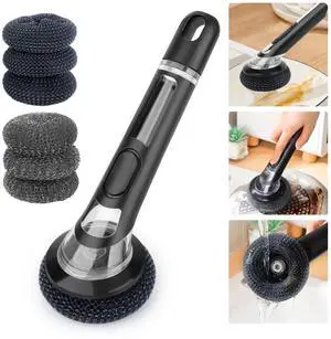Soap Dispensing Dish Brush with Handle 6 Refill Heads Pot Bowl Cleaning Scrubber