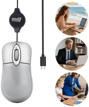 USB Mini Mouse with Retractable Cord 3-Button Optical Mouse for Laptop/Desktop