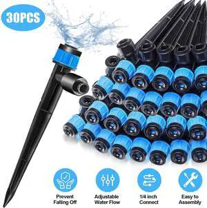 30Pcs Drip Irrigation Emitter 1/4" Garden Drip Watering System 360° Adjustable