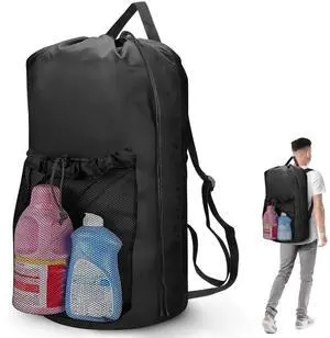Heavy Duty Backpack Laundry Bag, Clothes Hamper with Shoulder Straps Mesh Pocket