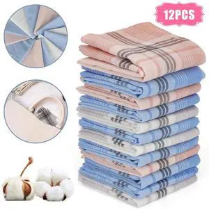 12x Cotton Handkerchiefs, Classic Plaid Pocket Square, 15''x15'' Fashion Hankies