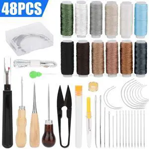 48 Pcs Sewing Kit Awl Leather Hand Stitcher Repair Set Heavy Duty Thread Needles