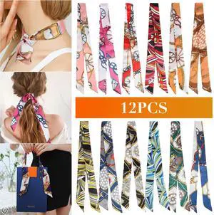 12pcs Women Satin Silk Scarf Scarves Wrap Tied Bag Handle Neck Hair Long Ribbon