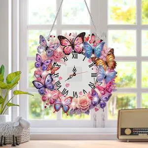 DIY Diamond Painting Clock Pendant Kit  Butterfly & Flower Acrylic Hanging Art