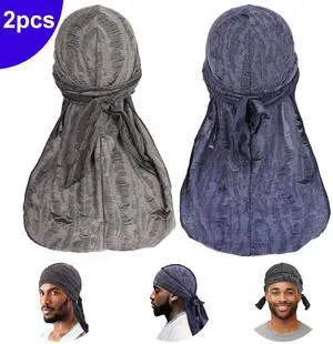 2 PCS Long Tail Ripped Beanie Hat Bandana Durag Head Wrap Hip-Hop Turban Unisex