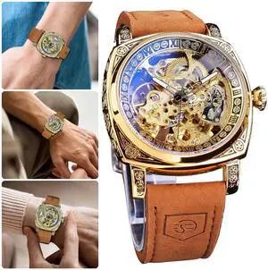 Men's Vintage Skeleton Mechanical Watch Self-Wind Leather Strap W/ Luminous Hand