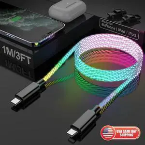 USB C To USB C Cable RGB LED Light 60W Fast Charging Cord Type C Charger - 3ft