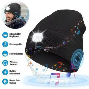 Bluetooth LED Beanie Hat With Music Speakers Mic Rechargeable Cap Head Lamp Gift