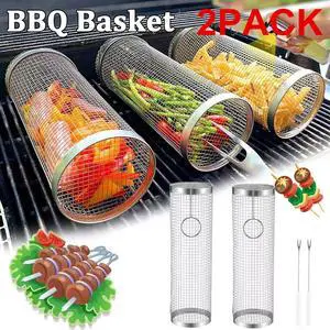 2 Pack Rolling Grilling Basket Stainless Steel For BBQ Grill Outdoor Tools US