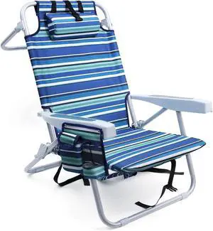 Beach Chair Heavy Duty Folding Recliner with Backpack Straps Cooler Pouch 300LB