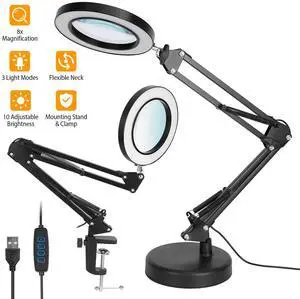 Magnifier LED Lamp 8X Magnifying Glass Desk Table Reading Light with Clamp Stand