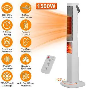 1500W Electric Heater Oscillating Ceramic Tower Space Heater Bedroom Heat Warmer