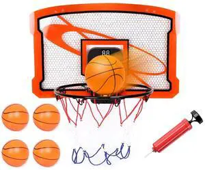Kids Basketball Hoop Set Over Door Basketball Hoop w/4 Balls Electric Scorer Toy