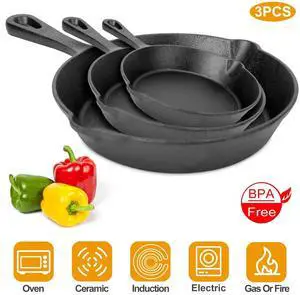 3 Piece Cast Iron Skillet Set Pre Seasoned Non-stick Oven 6/8/10" Frying Pan