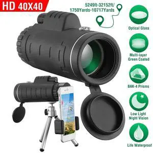 40x40 HD Optical Monocular Telescope w/ FMC Lens Low Light Vision Scope W/Tripod