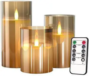3PCS LED Flameless Glass Candles Wax Pillar Battery Operated Candle Timer Remote