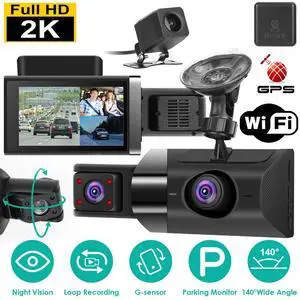 140° Angle GPS WiFi Dash Cam 2K 3 Channel Driving Recorder Car Front+Rear Camera