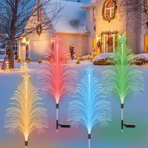 4PCS Christmas Tree Solar Lights 7-Color-Changing Xmas Garden Fiber Stake Light