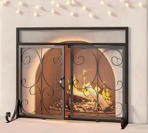 Flat Fireplace Screen with Doors, Wrought Iron Frame with Metal Mesh, Flat Panel