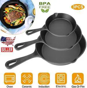 3Pcs Pre-Seasoned Cast Iron Skillet Set 6" 8" 10" Oven Safe Frying Pan