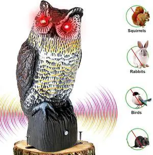 Solar Powered Fake Owl Decoy Scarecrow w/Flashing Eye & Sound For Garden Outdoor
