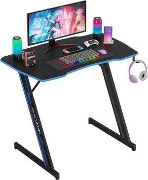 35 Inch Modern Z-Shaped Gaming Desk Computer Desk for Home Office with Headphone Blue