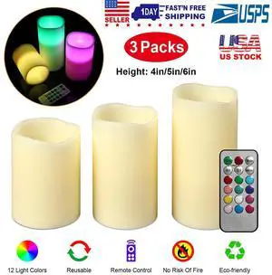 3Pcs Flameless Candles Battery Operated LED Flickering Candles Timer w/ Remote