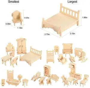 34Pcs 3D DIY Wooden Miniature Dollhouse Furniture Model Kids Play Toys Best Gift