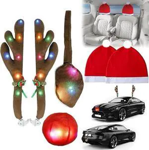 Car Reindeer Antlers & Nose Decorations, Christmas Antlers Car Kit with LED Ligh