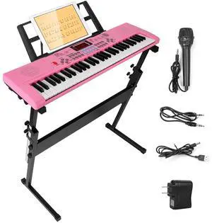 Portable Digital Piano Keyboard 61 Key Pink Electronic Instrument w/ Stand & Mic