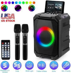 Portable Karaoke Machine Party Speaker with 2 Wireless Microphones LED Lights