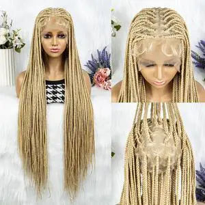 Synthetic Transparent HD Full Lace Braided Wigs For Black Women Crochet Braid Braiding Hair Knotless Box Cornrow Braids Wigs 36 inches  Ginger Color Gold
