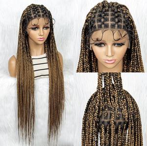 36 Full Lace Box Braid Lace Front Wig Super Long Criss Cross Knotless Braids Wig Ombre Synthetic Braided Wigs for  Women Gradient light brown