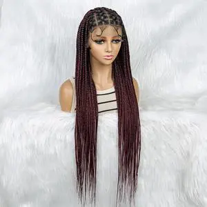 36 Full Lace Box Braid Lace Front Wig Super Long Criss Cross Knotless Braids Wig Ombre Synthetic Braided Wigs for  Women Gradient burgundy