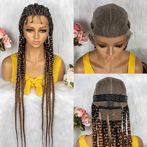 New Style 36 Inches Synthetic Full Lace Frontal Cornrow Box Braided Wigs with Baby Hair for African Women Braiding Hair Gradient light brown