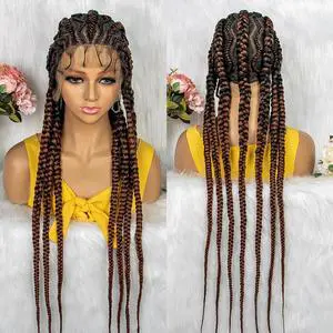New Style 36 Inches Synthetic Full Lace Frontal Cornrow Box Braided Wigs with Baby Hair for African Women Braiding Hair Gradient dark brown