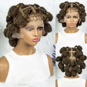 New Style Bantu Knot Braided Wigs Synthetic HD Full Lace Wig For Women Afrian Braid Braiding Hair Knotless Box Braids Wigs  Gradient Light Brown