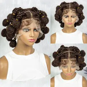 New Style Bantu Knot Braided Wigs Synthetic HD Full Lace Wig For Women Afrian Braid Braiding Hair Knotless Box Braids Wigs Gradient dark brown