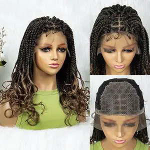 Colored Synthetic Lace Front Braided Wigs For Black Women Goddess Box Braids Curly Ends 9*6 Glueless Closure Wigs 1B/27#