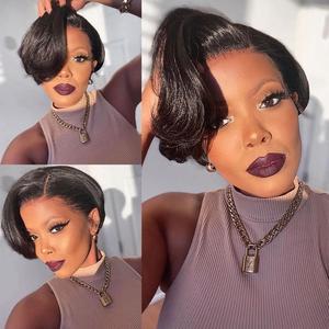 Short Human Hair Wigs for Black Women 10A Pixie Cut Wig Transparent Wave Lace Front Bob Wig 13X4x1 T Part Brazilian Loose Wave Lace Frontal Wigs 150% Density(1B#,6Inch)