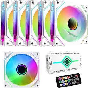 RGB Fans:6 pack 120mm PWM ARGB Case Fan with Fan Hub and Remote,Speed Control,PWM Control Fan for Computer Case and Liquid Cooling System White