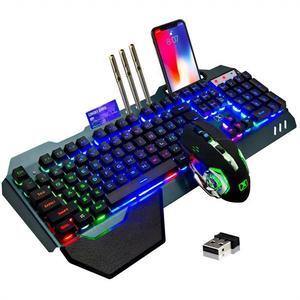 Wireless gaming Keyboard and Mouse,Rainbow Backlit Rechargeable Keyboard Mouse with 3800mAh Battery Metal Panel,Removable Hand Rest Mechanical Feel Keyboard and 7 Color Gaming Mute Mouse for PC Gamers