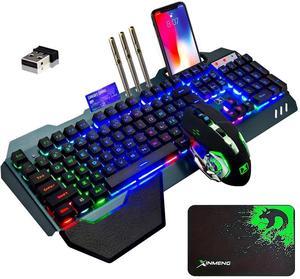 Wireless gaming Keyboard and Mouse,Rainbow Backlit Rechargeable Keyboard Mouse with 3800mAh Battery Metal Panel,Removable Hand Rest Mechanical Feel Keyboard and 7 Color Gaming Mute Mouse for PC Gamers