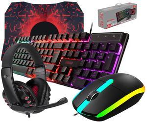 Wired Gaming Keyboard and Mouse Headset Combo,Rainbow LED Backlit Wired Keyboard,Over Ear Headphone with Mic,Rainbow Backlit Gaming Mice,Mouse Pad,for PC,Laptop,Mac,PS4,Xbox(Black)