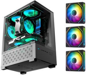 Micro ATX Case, MATX PC Case with 3 X 120mm 3-Pin ARGB Fan Pre-Installed, Panoramic View Tempered Glass Front & Side Panel, Black