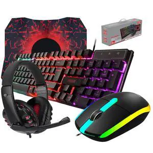 Wired Gaming Keyboard and Mouse Headset Combo,Rainbow LED Backlit Wired Keyboard,Over Ear Headphone with Mic,Rainbow Backlit Gaming Mice,Mouse Pad,for PC,Laptop,Mac,PS4,Xbox(Black)