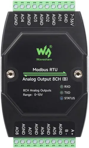 Waveshare Industrial 8-Ch Analog Output Module, 12-Bit DA Conversion, Supports 8-Ch Simultaneous Voltage Output, DC 7~36V Wide Voltage Power Supply, Modbus RTU Protocol, Rail-Mount Support